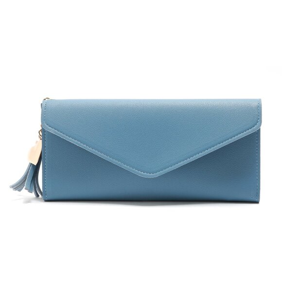 2/$30 Blue PU Leather Wallet Clutch Tassel Heart Charm Snap Closure Card Holder - Picture 1 of 6